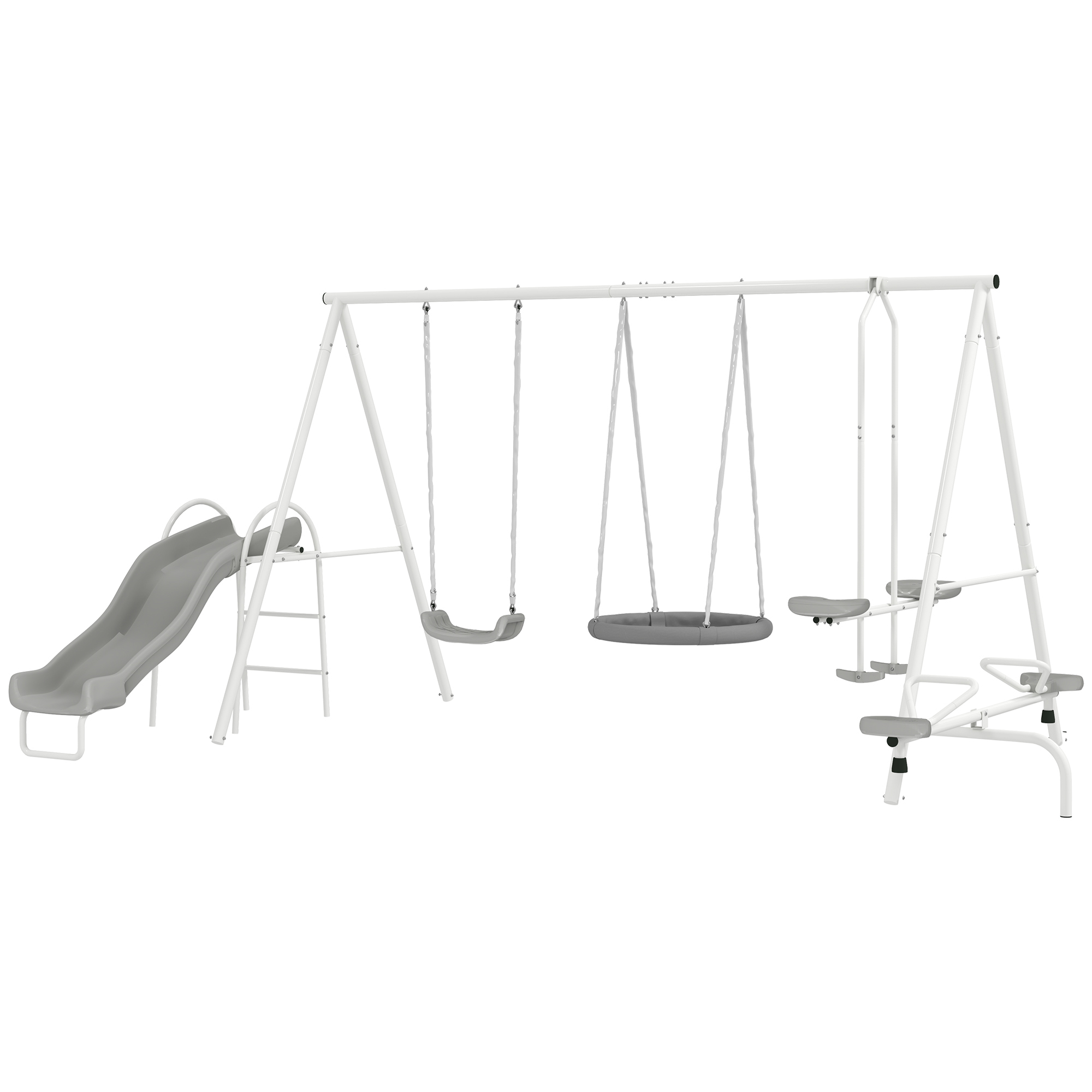 5 in 1 Kids Swing Set for Backyard with Heavy-Duty A-Frame Stand, Saucer Swing, Slide, Seesaw, Glider, Swing Seat, Gray