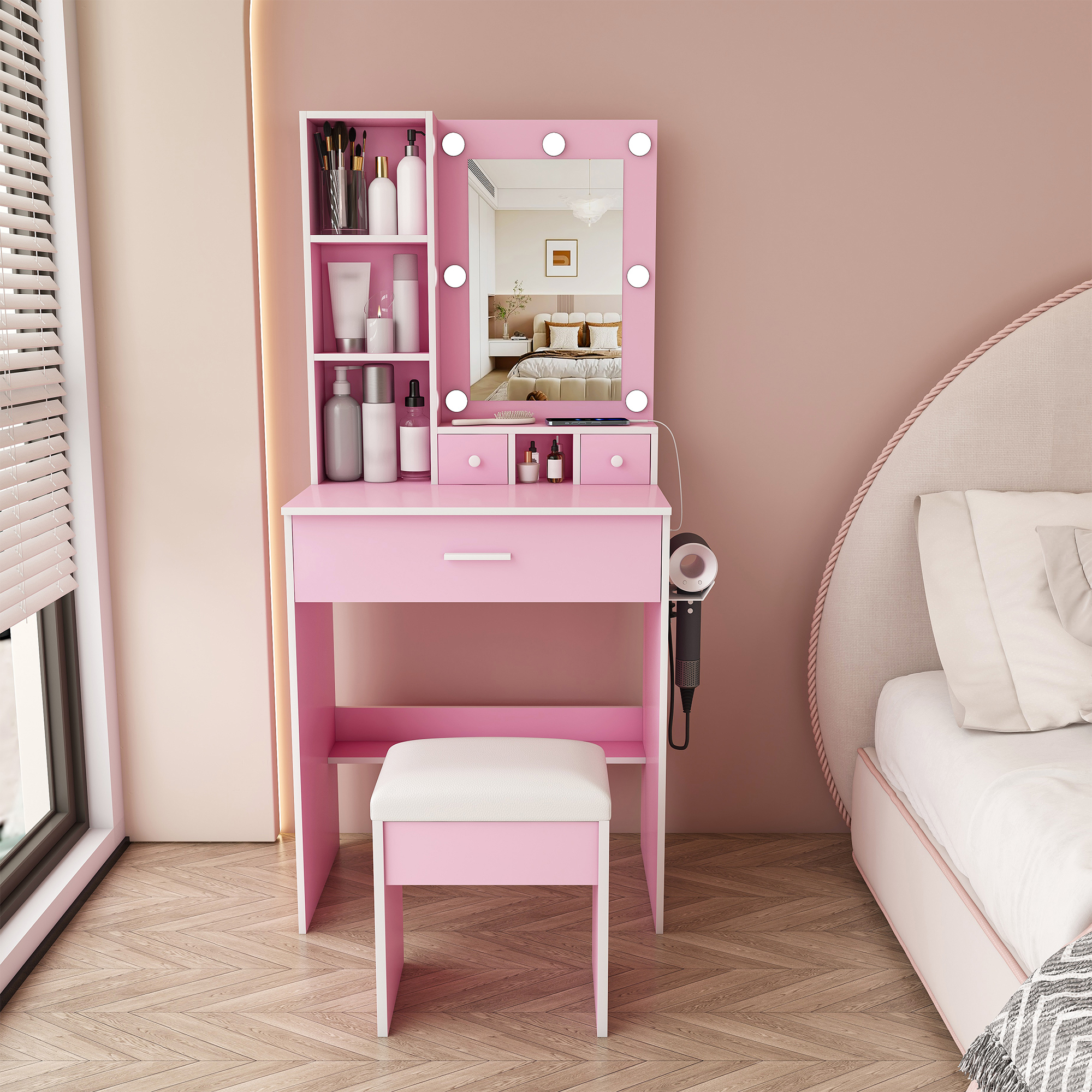 Vanity Table with Mirror & Adjustable LED Lights, Power Outlet, Hairdryer Holder & Stool – Compact Dressing Desk for Small Bedrooms (Pink)