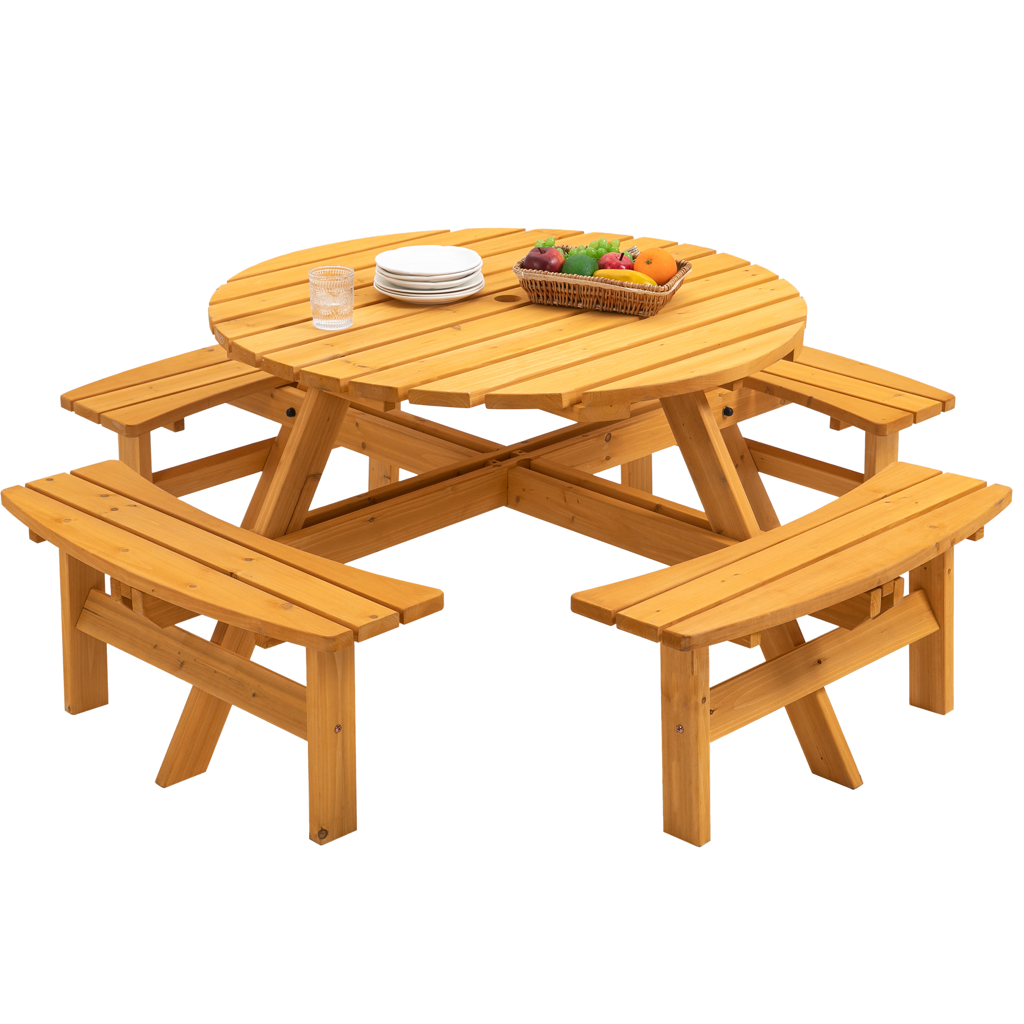 8-Person Outdoor Circular Wooden Picnic Table with 4 Built-in Benches for Patio Backyard Garden, Natural